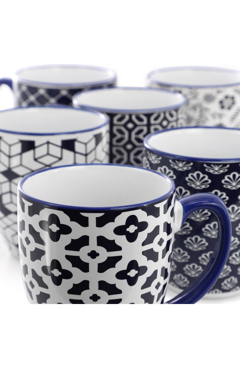 Elama Flyn 6 Piece 16 Ounce Assorted Design Stoneware Mug Set, Alternate, color, Blue