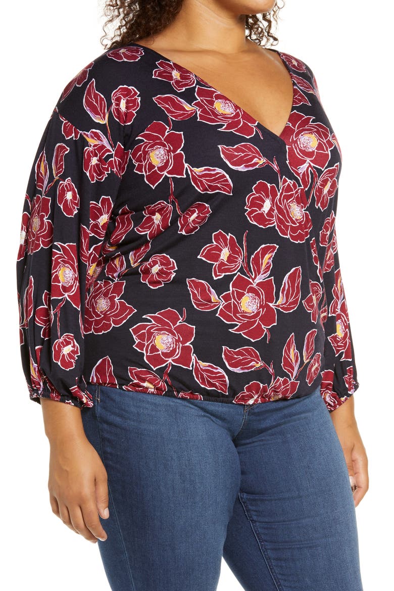 Wrap Front Blouson Top, Alternate, color, NAVY/ BURGUNDY