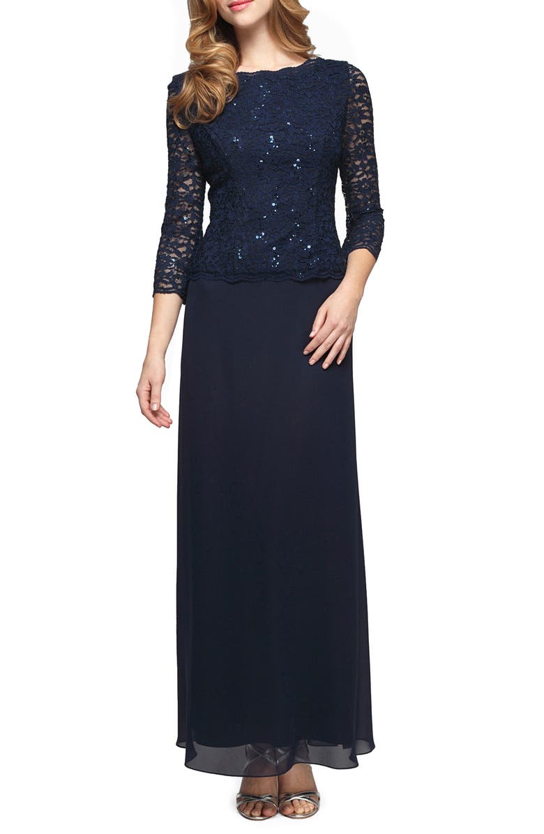 Alex Evenings Sequin Lace & Chiffon Gown, Alternate, color, Navy