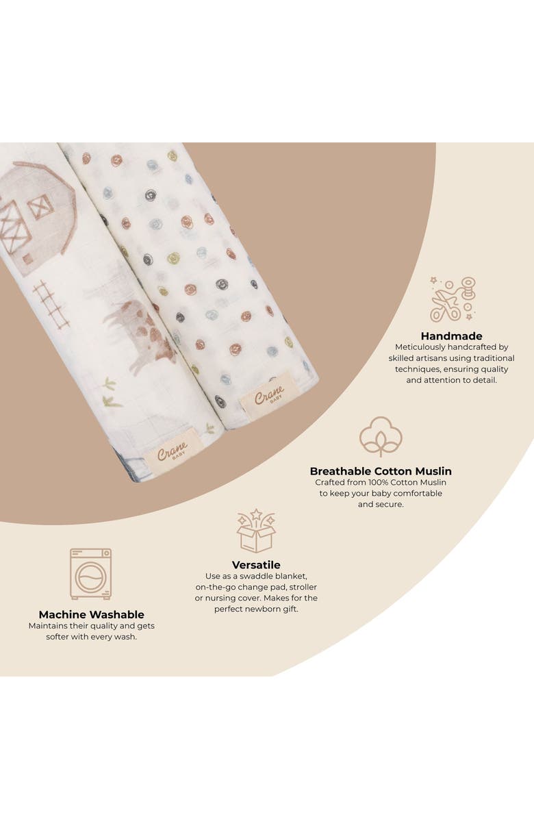 CRANE BABY Tractor Assorted 2-Pack Cotton Muslin Swaddles, Alternate, color, Beige
