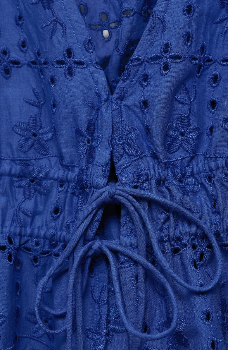 MANGO Eyelet Embroidered Tie Front Long Sleeve Cotton Top, Alternate, color, Blue