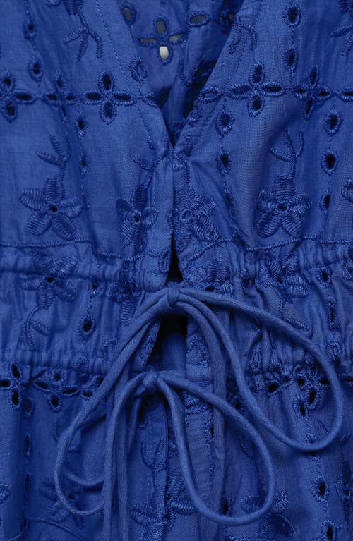 Mango Eyelet Embroidered Tie Front Long Sleeve Cotton Top In Blue