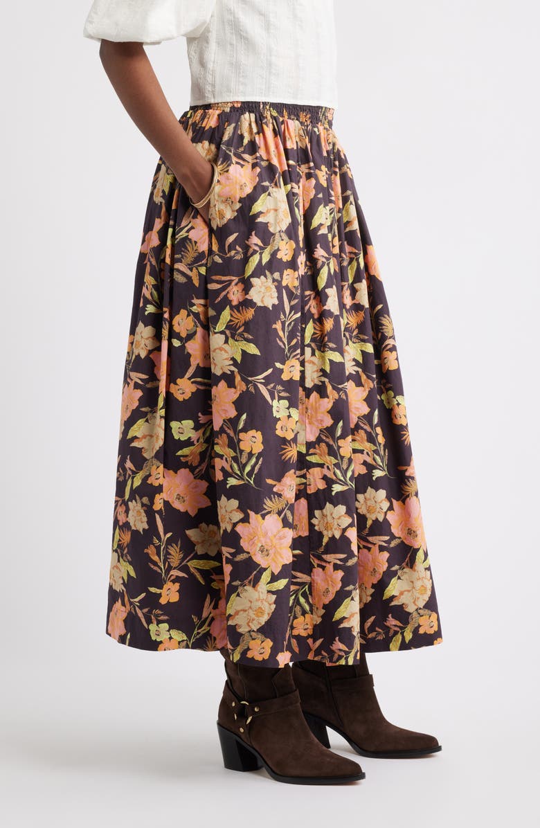 Treasure & Bond Floral Smocked Waist Cotton Maxi Skirt, Alternate, color, Burgundy- Pink Jordan Floral