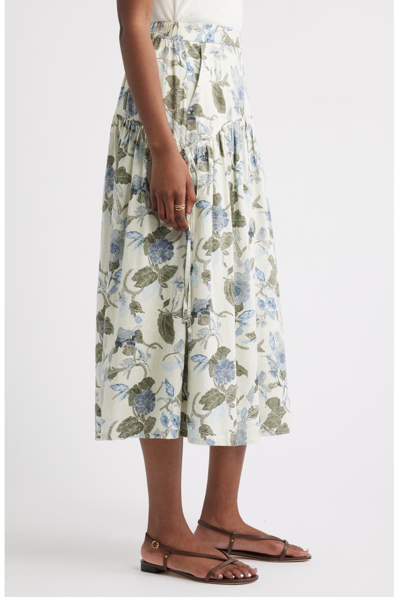Tiered Drop Waist Linen Blend Midi Skirt, Alternate, color, IVORY- OLIVE JACOBEAN BLOOM