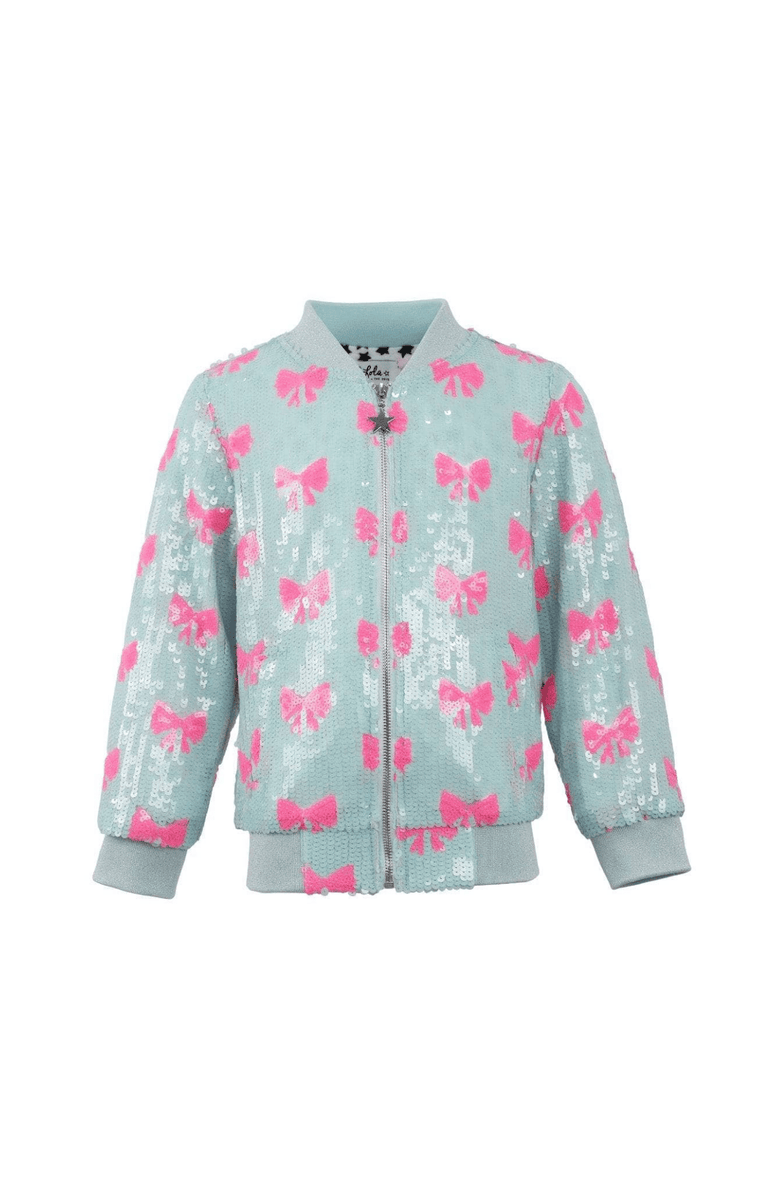 Lola + The Boys Pretty in Bows Sequin Bomber, Main, color, Blue
