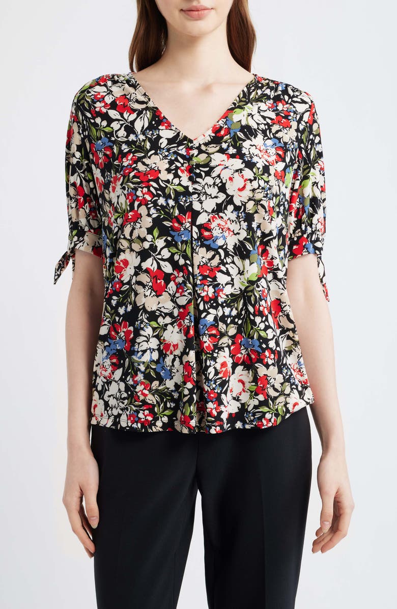 AK ANNE KLEIN Floral Print Short Sleeve Jersey Top, Main, color, Anne Black Multi