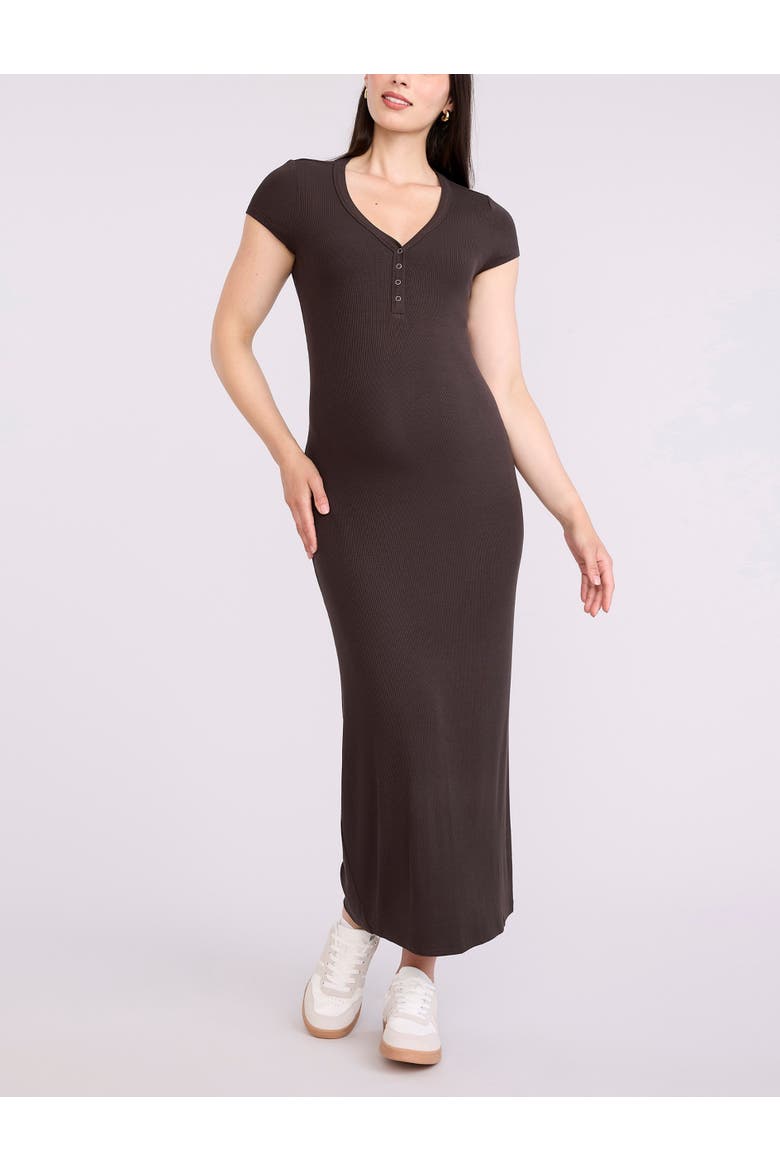 Short Sleeve Henley Bodycon Maxi Dress, Main, color, Chocolate Tort