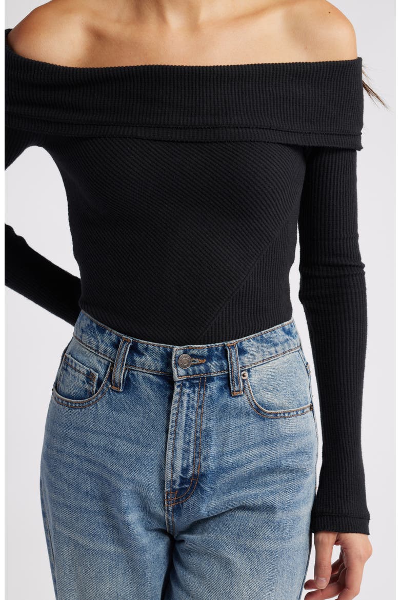 Autumn Cozy Off the Shoulder Waffle Stitch Bodysuit, Alternate, color, BLACK
