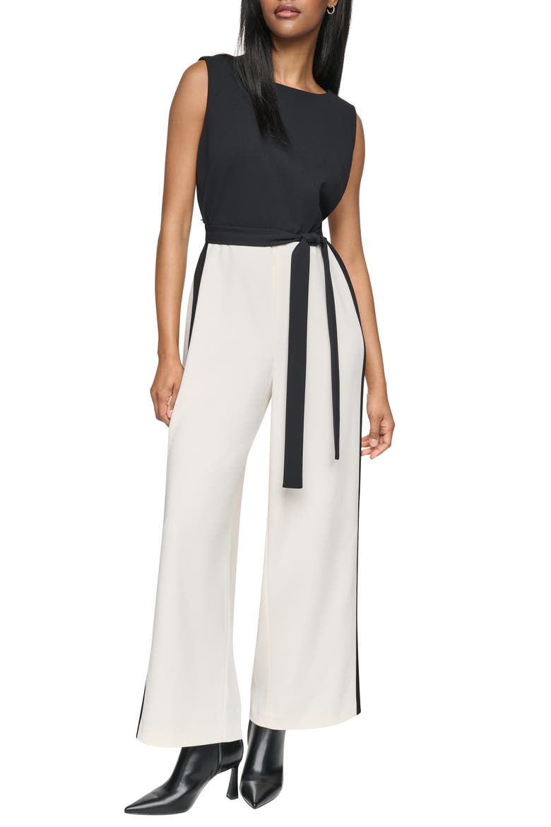 Tie Waist Wide Leg Jumpsuit, Main, color, BLACK/ EGGSHELL