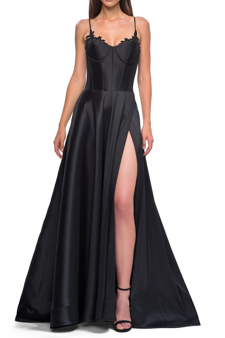 Mikado A-line Gown with Lace Detail Neckline, Alternate, color, Black