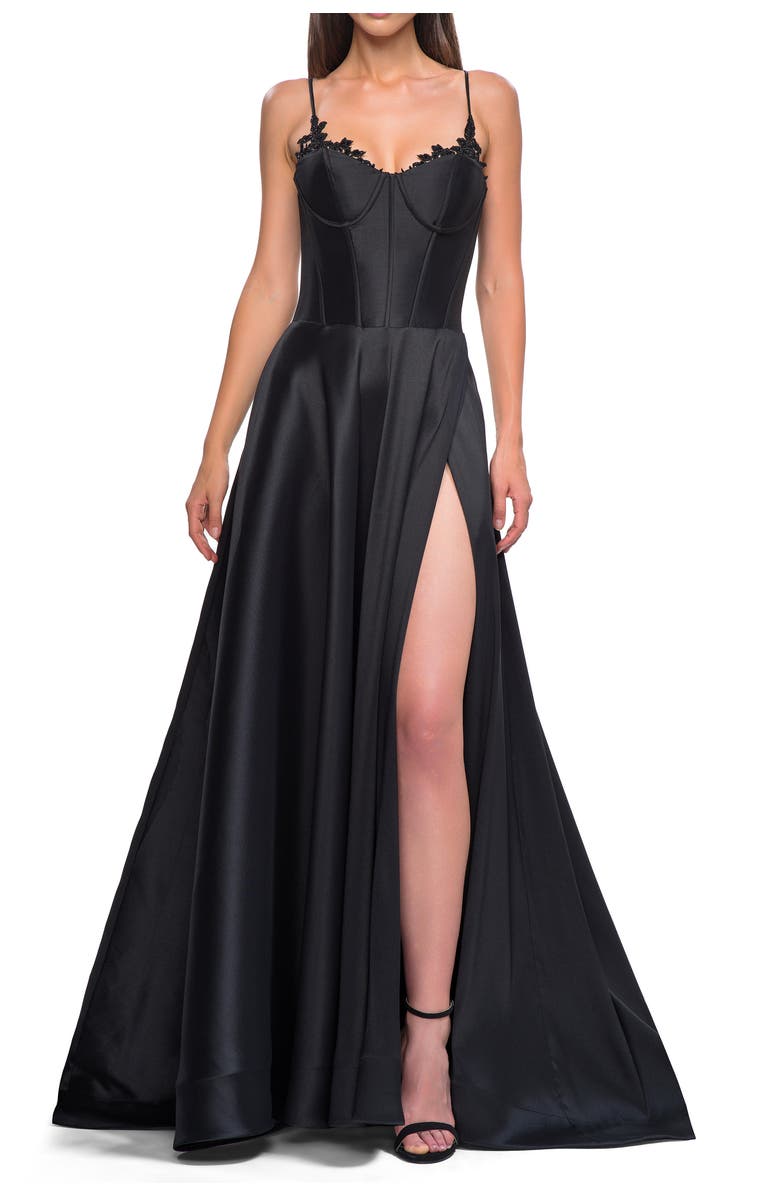 La Femme Mikado A-line Gown with Lace Detail Neckline, Alternate, color, Black
