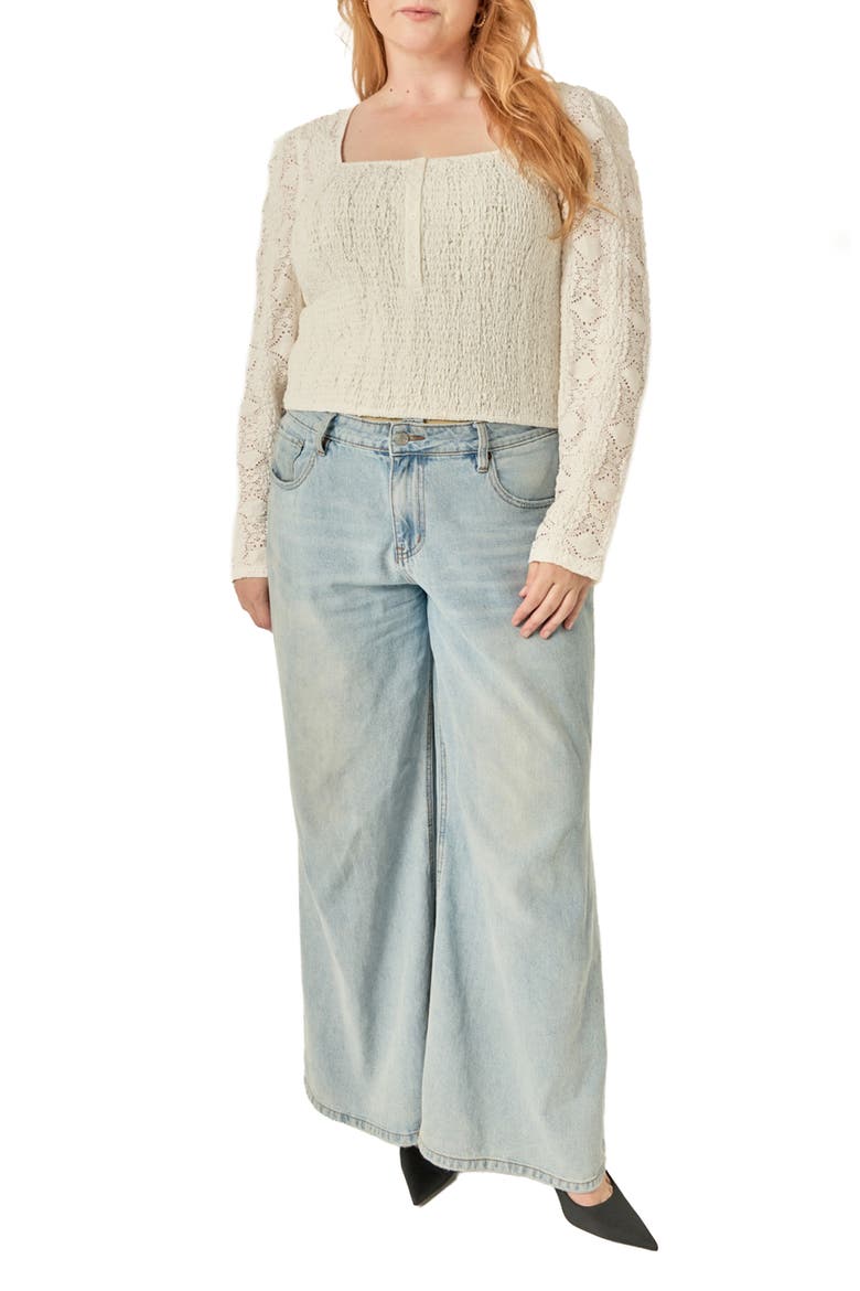 Lace Smocked Long Sleeve Top, Alternate, color, WHITE