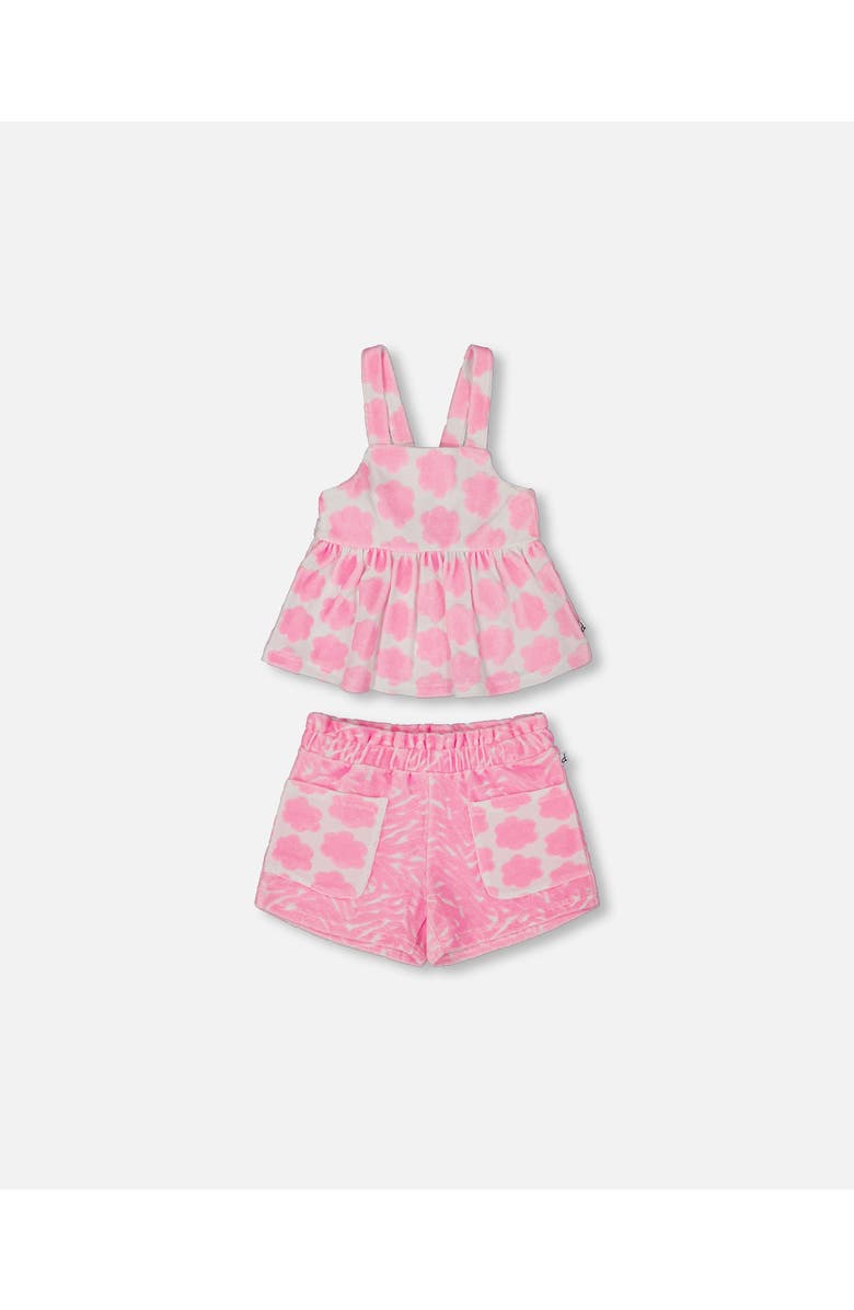Deux par Deux Girl's Printed Terry Tank Top And Shorts Set Vibrant Pink And White, Main, color,