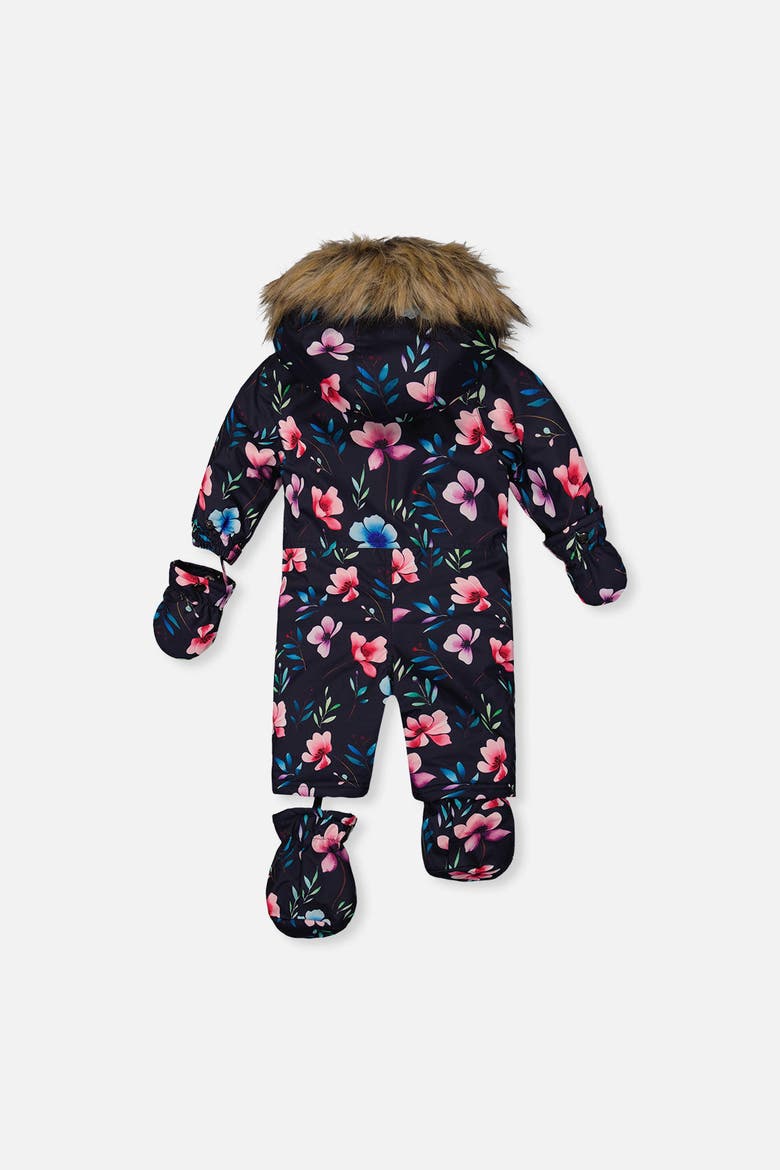 Play Floral Faux Fur Hood Car Seat One Piece Snowsuit, Alternate, color, Blue Floral Print