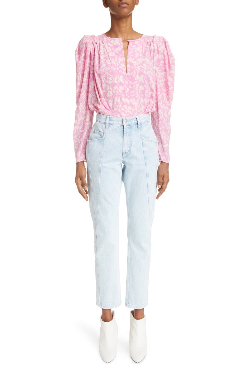 Isabel Marant Zarga Keyhole Puff Sleeve Silk Blouse, Alternate, color, 