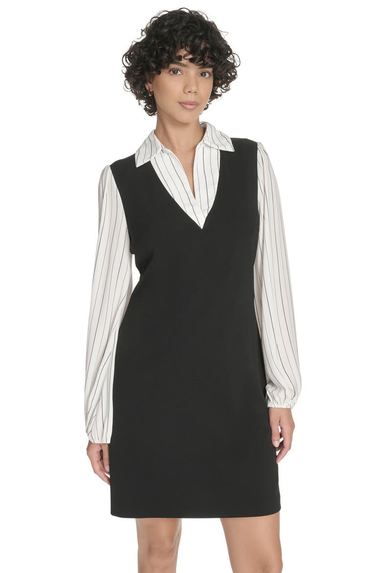 Pinstripe Long Sleeve Twofer Dress, Alternate, color, BLACK IVORY