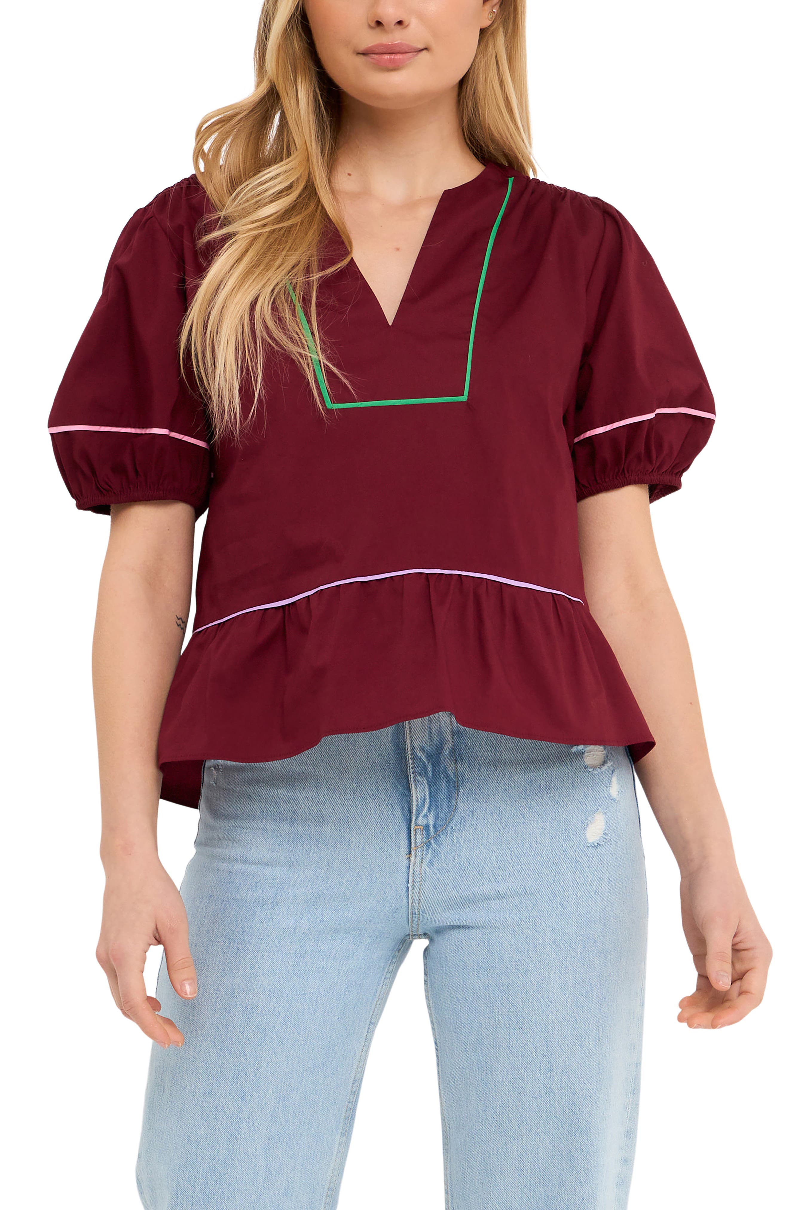 Piping Detail Puff Sleeve Top