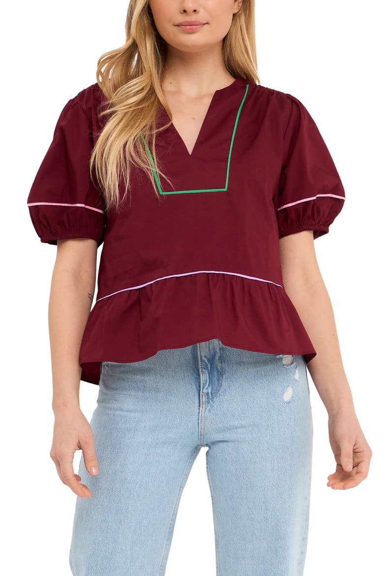 Piping Detail Puff Sleeve Top, Main, color, BURGUNDY