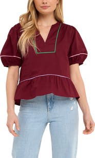 English Factory Piping Detail Puff Sleeve Top