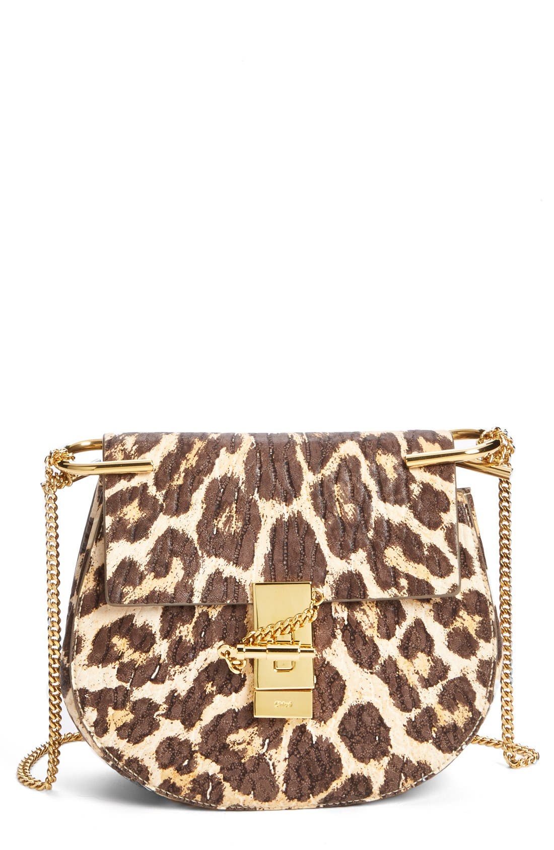 Chloé 'Drew' Leopard Print Leather Shoulder Bag, Main, color, 