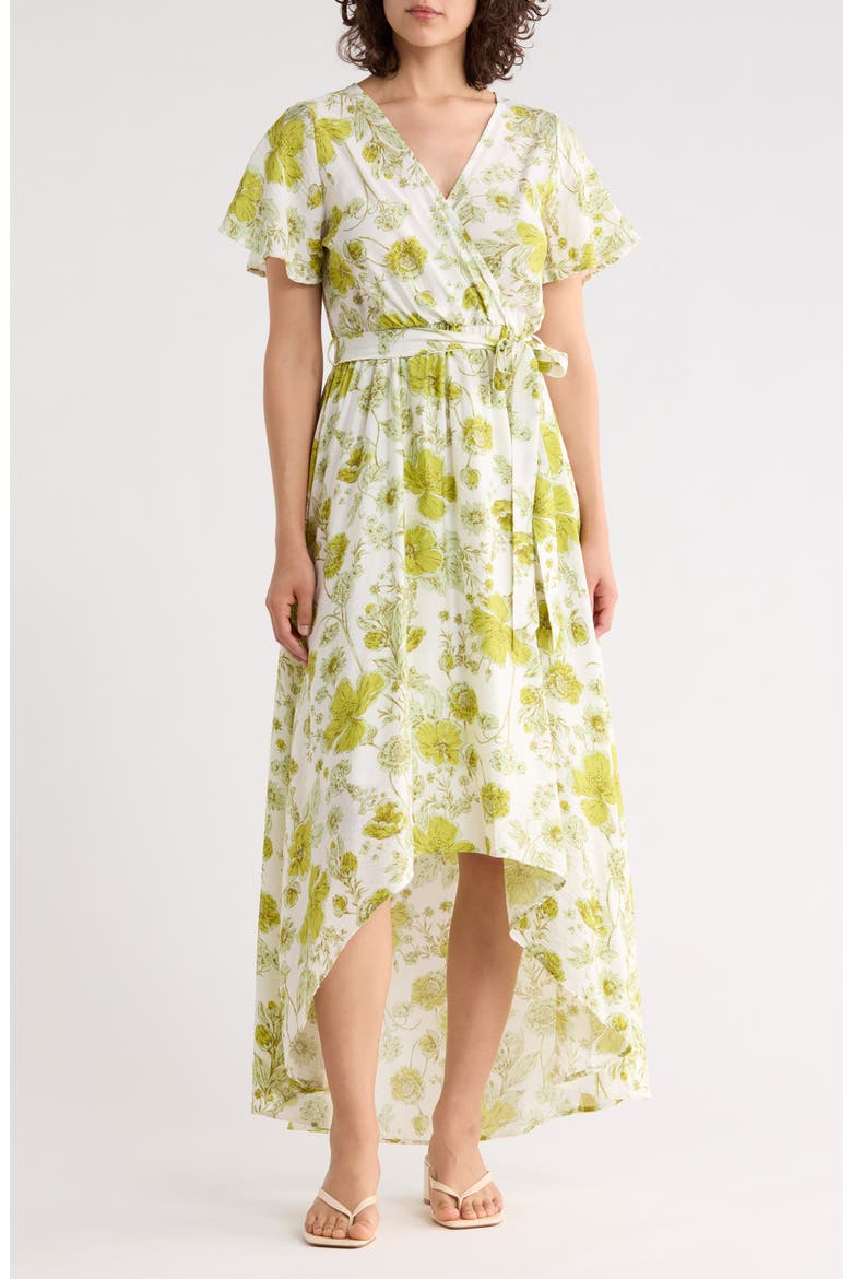 Faux Wrap High Low Dress, Main, color, SAGE WHITE FLORAL