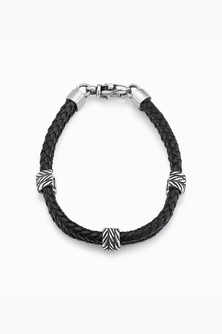 Mens Voyager Station Leather Bracelet in Sterling Silver, Alternate, color, Silver