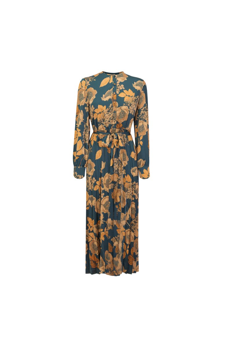 MiuMax Floral Satin Long Sleeve Waist Tie Pleated Dress, Main, color, Everglade Floral