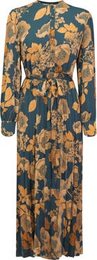 MiuMax Floral Satin Long Sleeve Waist Tie Pleated Dress