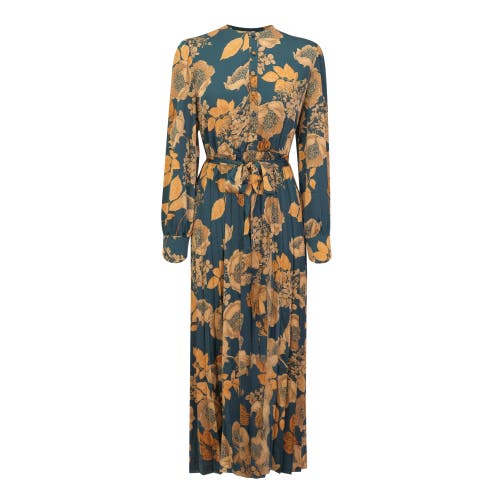 Miumax Floral Satin Long Sleeve Waist Tie Pleated Dress