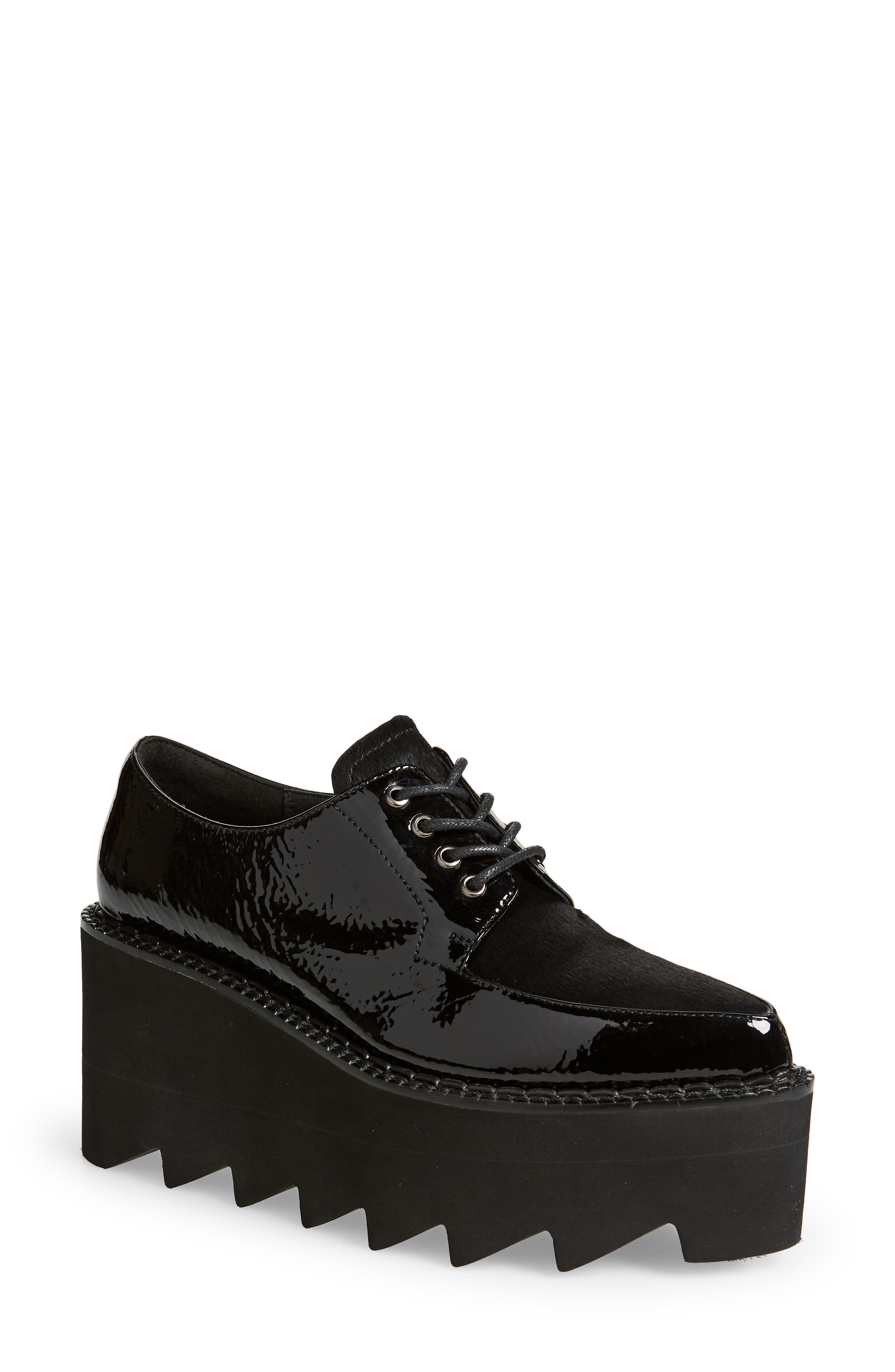 Jeffrey Campbell Leather & Genuine Calf Hair Wedge Platform Derby, Main, color, Black Patent/ Black Calf Hair