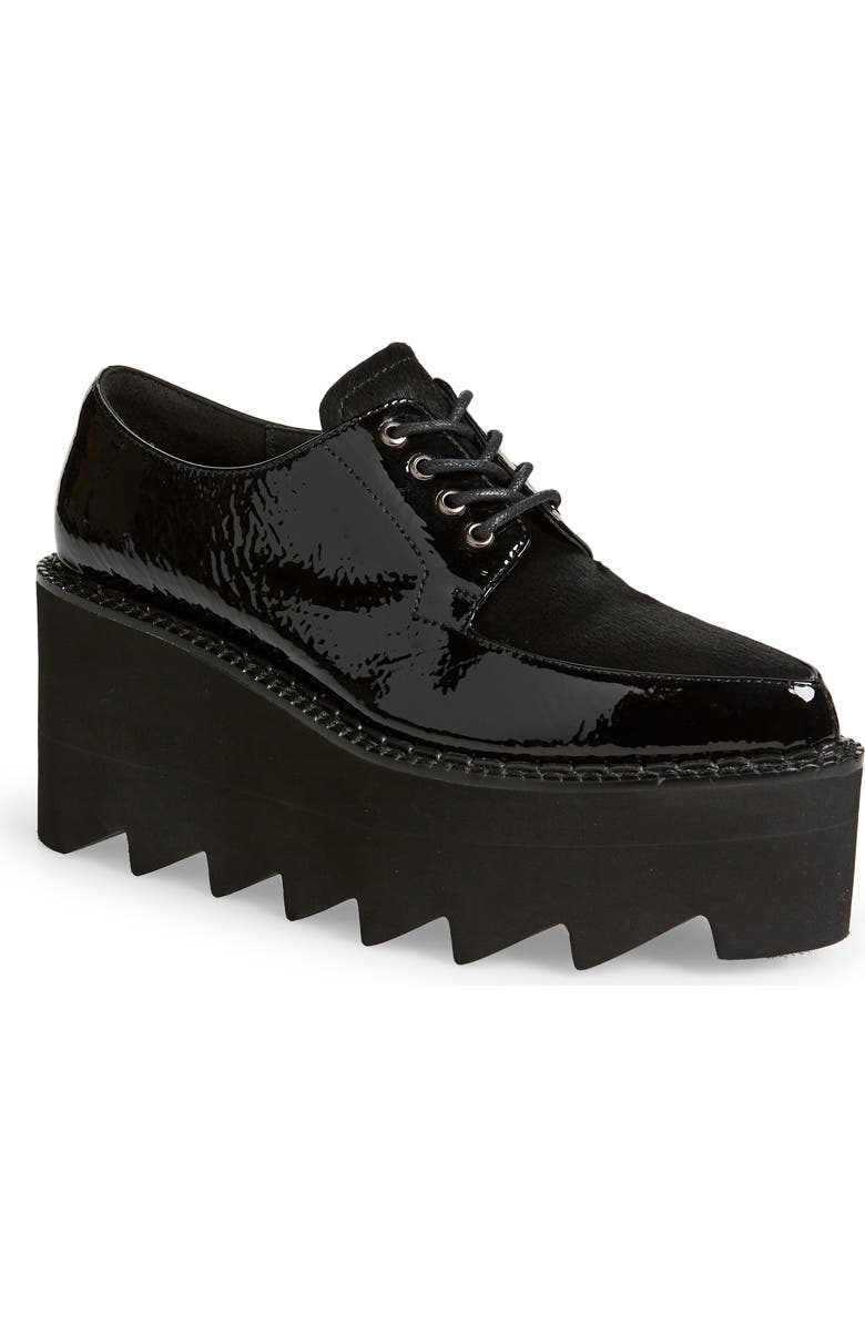Jeffrey Campbell Leather & Genuine Calf Hair Wedge Platform Derby, Main, color, Black Patent/ Black Calf Hair