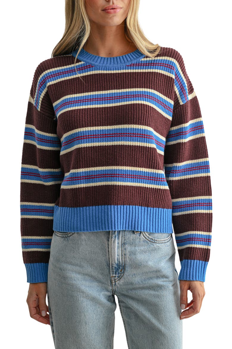 Stripe Crewneck Sweater, Main, color, BLUE BROWN STRIPE
