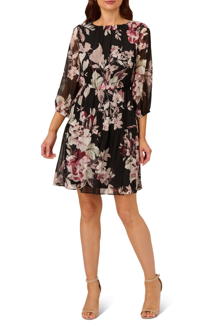 Floral Chiffon Dress, Main, color, BLACK MULTI