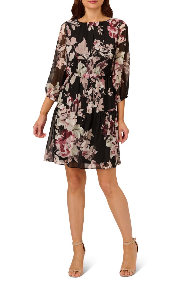 Adrianna Papell Floral Chiffon Dress, Main, color, Black Multi