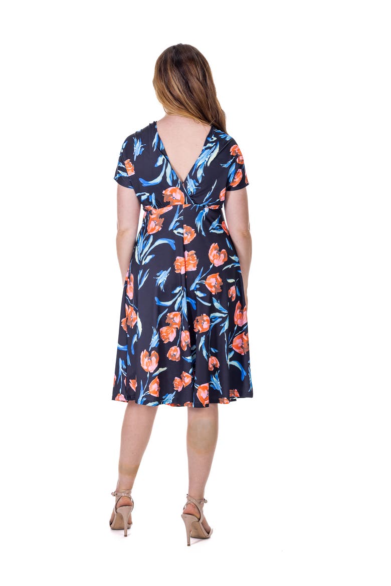Petites Tulip Print V Neck Empire Waist Cap Sleeve Knee Length Dress, Alternate, color, Black Multi