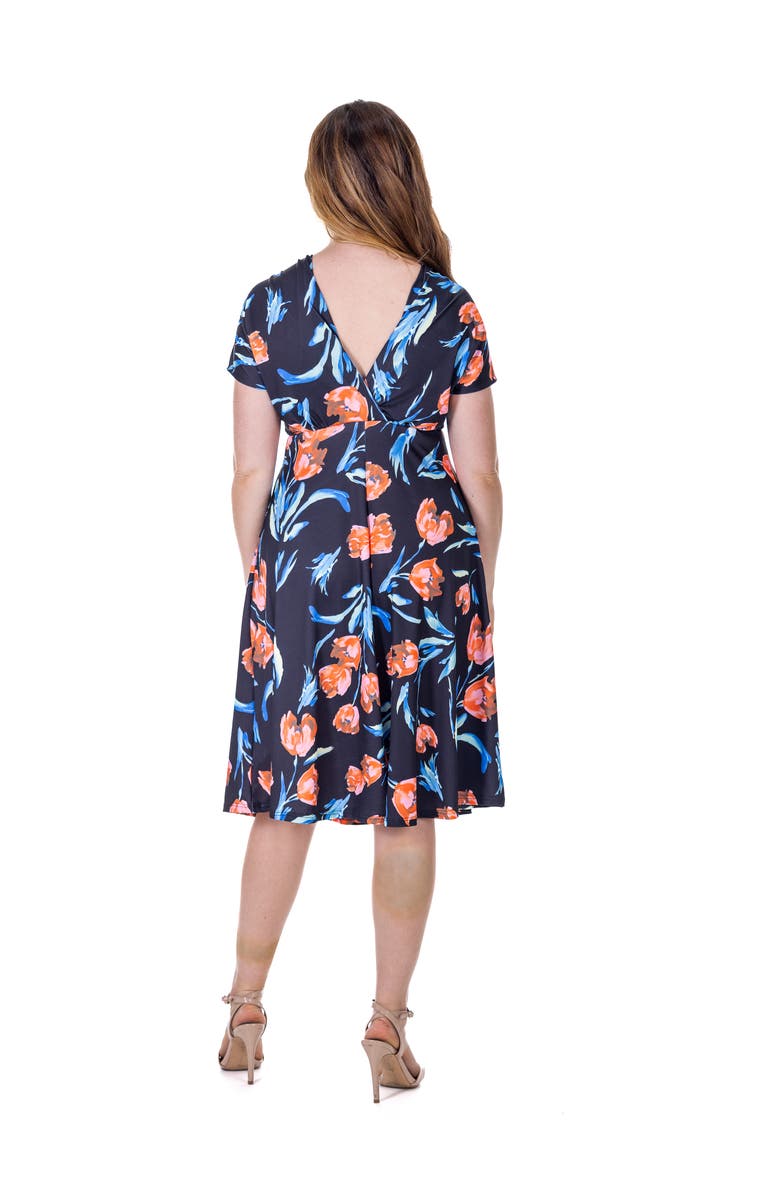 24seven Comfort Apparel Tulip Print V-Neck Empire Waist Cap Sleeve Knee Length Dress, Alternate, color, Navy Multi