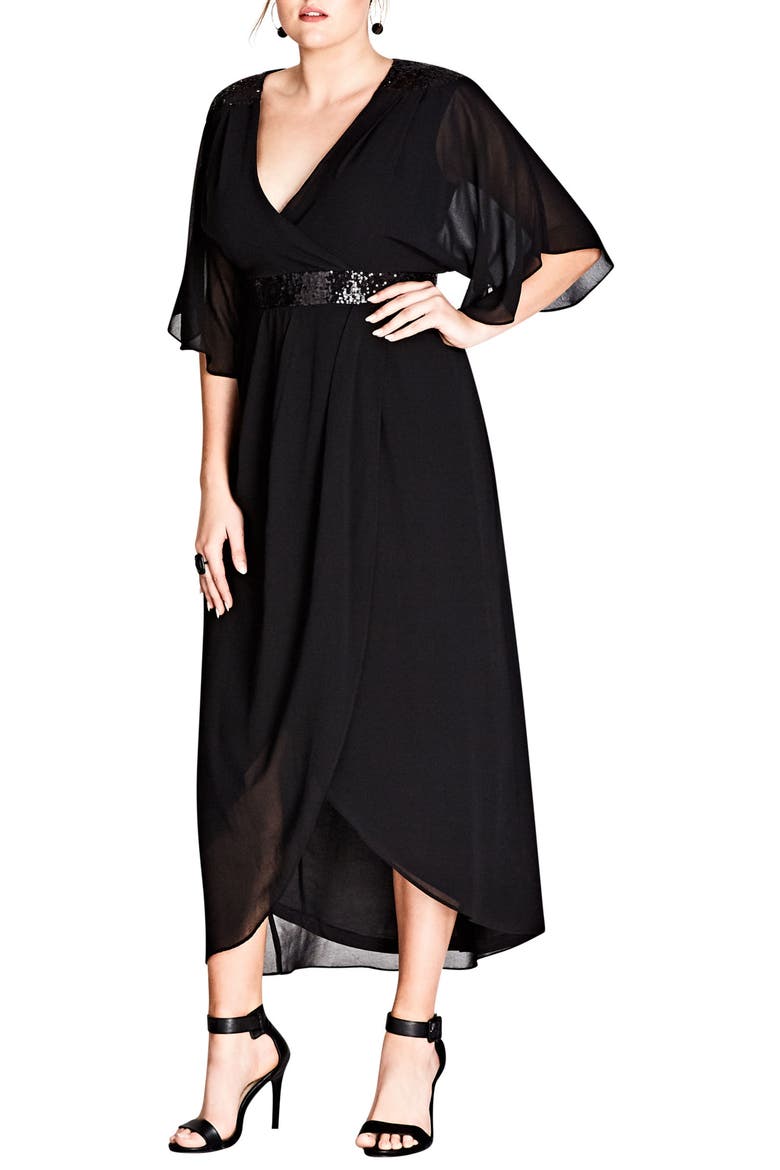Sequin Faux Wrap Gown, Main, color, BLACK