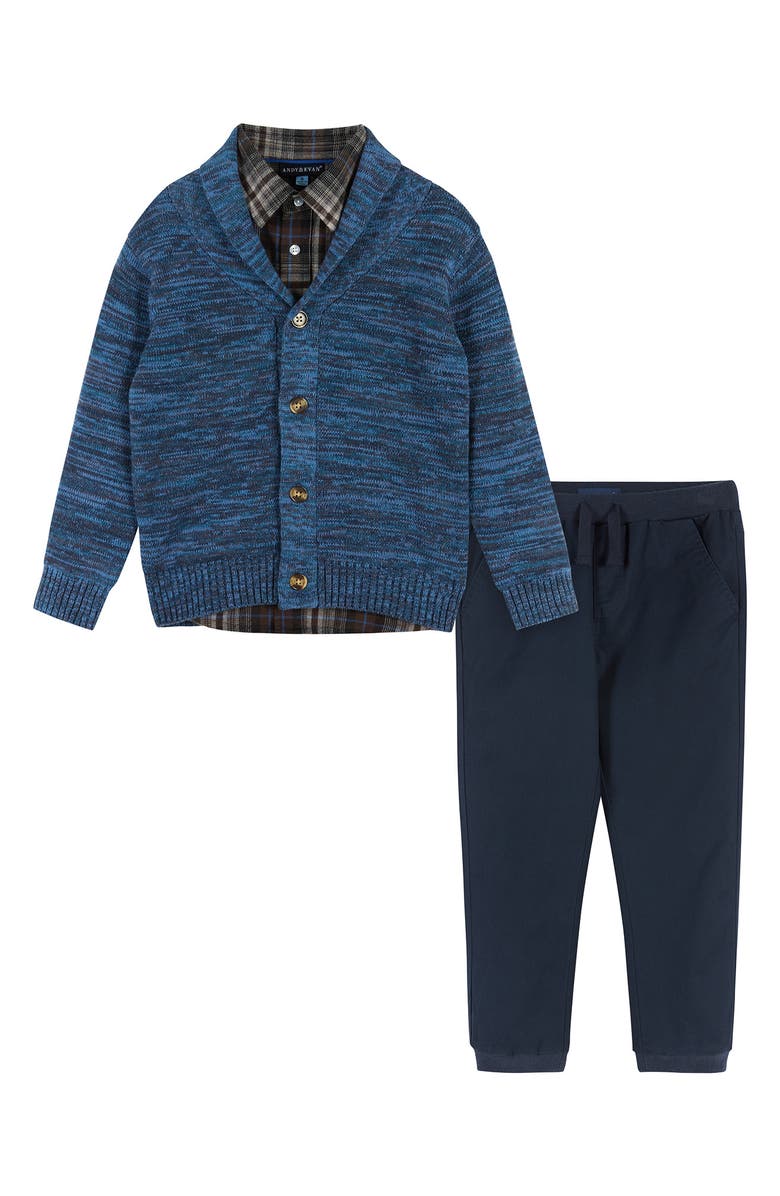 Andy & Evan Kids' Marled Cardigan, Plaid Button-Up Shirt & Pants Set, Main, color, 
