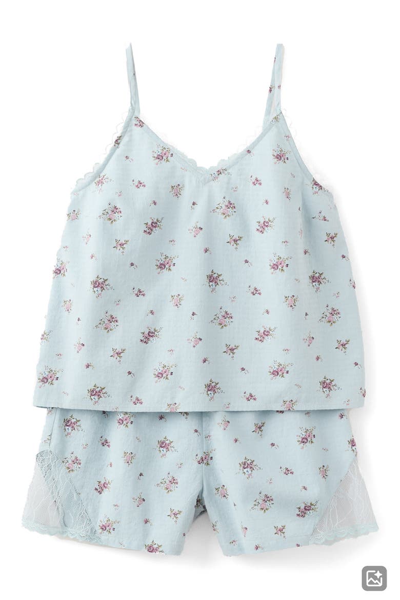 Floral Lace Trim Cotton Short Pajamas, Alternate, color, SKY BLUE
