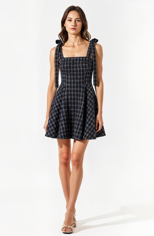 Modenaire Plaid Mini Dress With Tie-strap Shoulders And Square Neckline In Multi