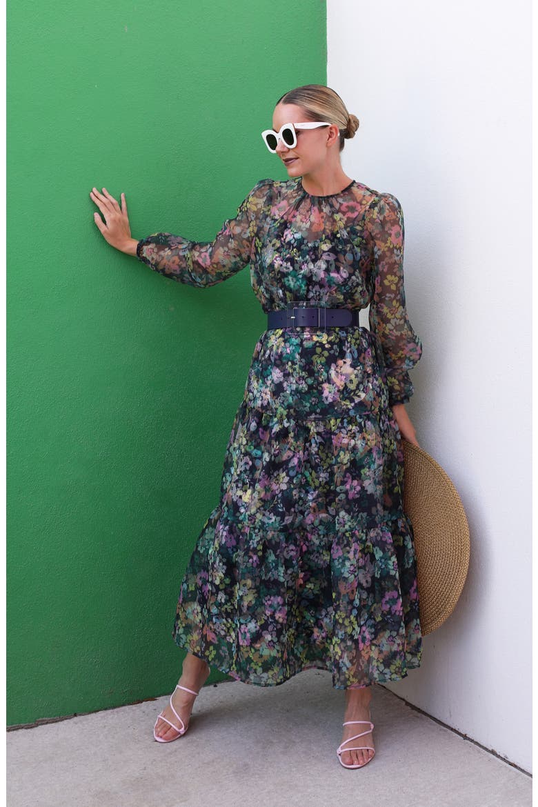 x Atlantic-Pacific Long Sleeve Floral Sheer Tiered Maxi Dress, Alternate, color, NAVY MULTI FLORAL