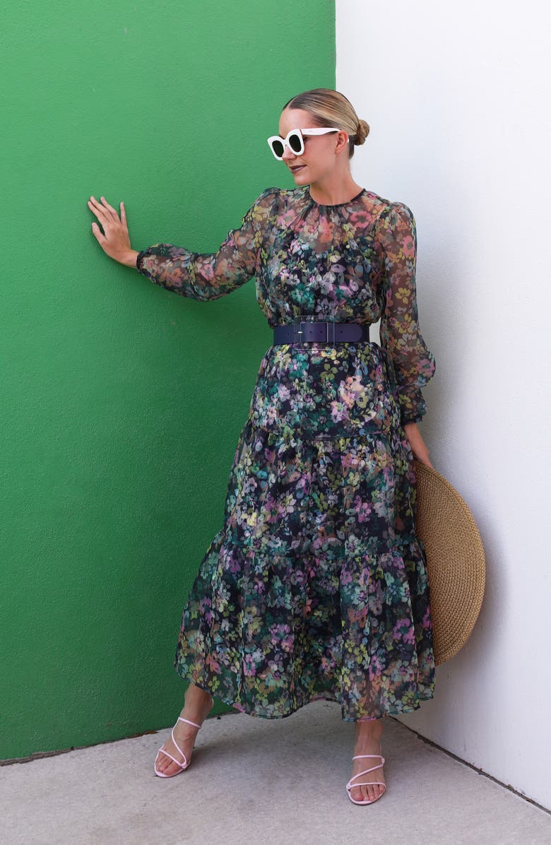 Halogen<sup>®</sup> x Atlantic-Pacific Long Sleeve Floral Sheer Tiered Maxi Dress, Alternate, color,