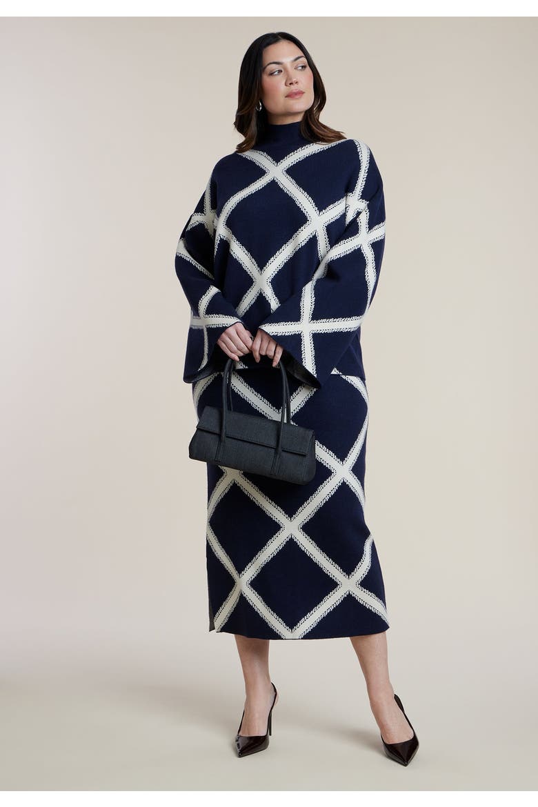 Mock Neck Intarsia Sweater, Alternate, color, NAVY/WHITE GRID