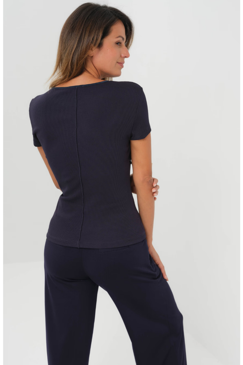 Short Sleeve Celeste Rib Top with Seam Shaping, Alternate, color, Navy