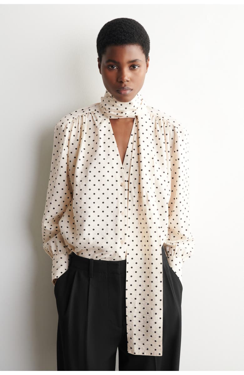 COS Scarf-Detail Polka-Dot Shirt, Main, color, Ivory / Black / Polka Dot