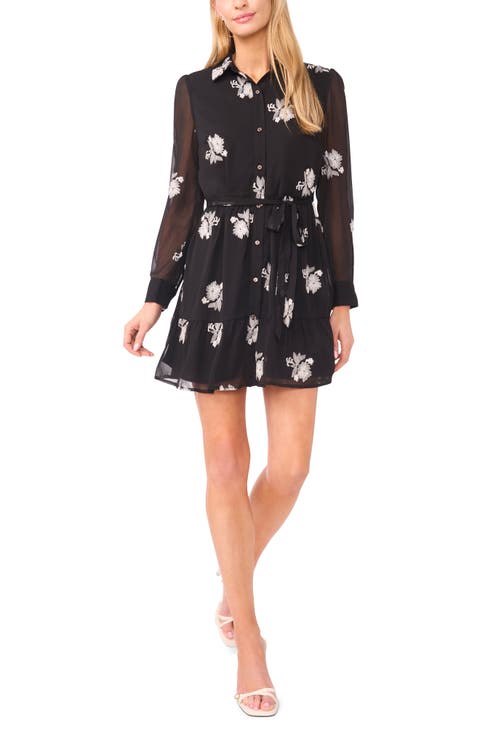 Embroidered Floral Long Sleeve Mini Shirtdress