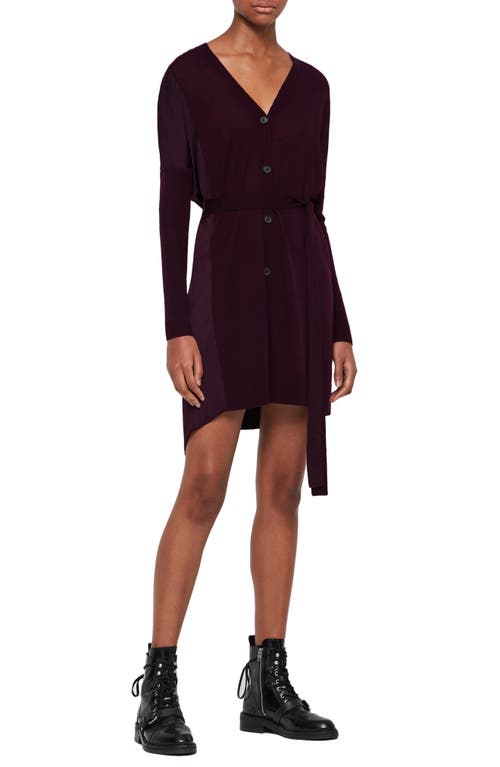 Allsaints Iva Long Sleeve Button-up Mixed Media Dress In Burgundy