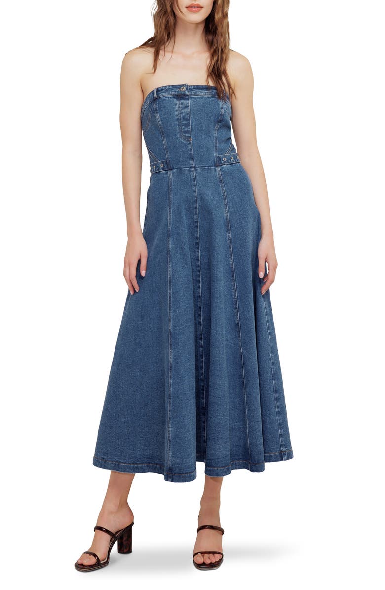 FREEMARKET Strapless Denim Maxi Dress, Main, color, Indigo Denim