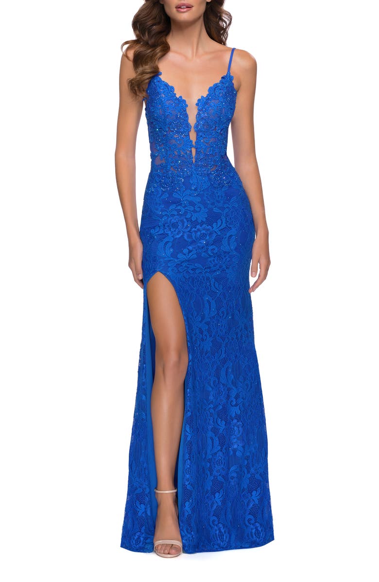 La Femme Stretch Lace Long Dress with Deep V Neckline, Main, color, Royal Blue