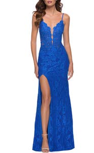La Femme Stretch Lace Long Dress with Deep V Neckline